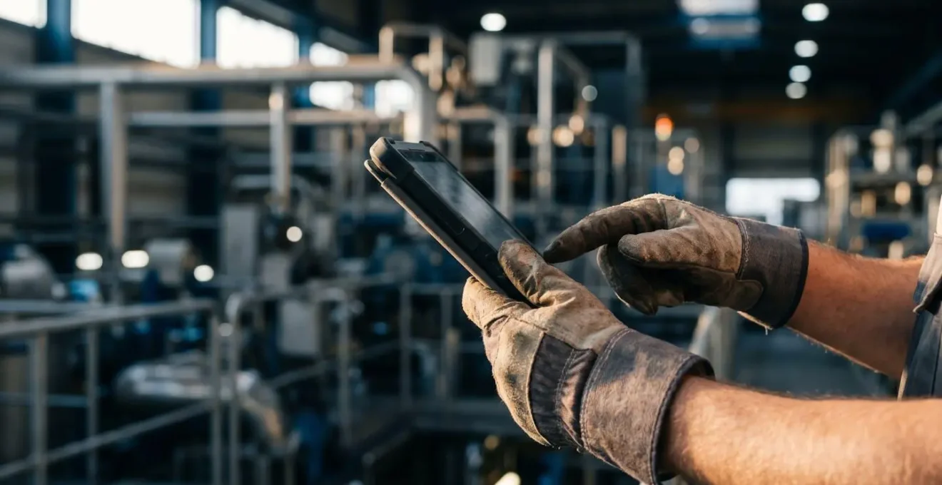 Close-up view of maintenance technician reviewing sensor data patterns on industrial monitoring equipment