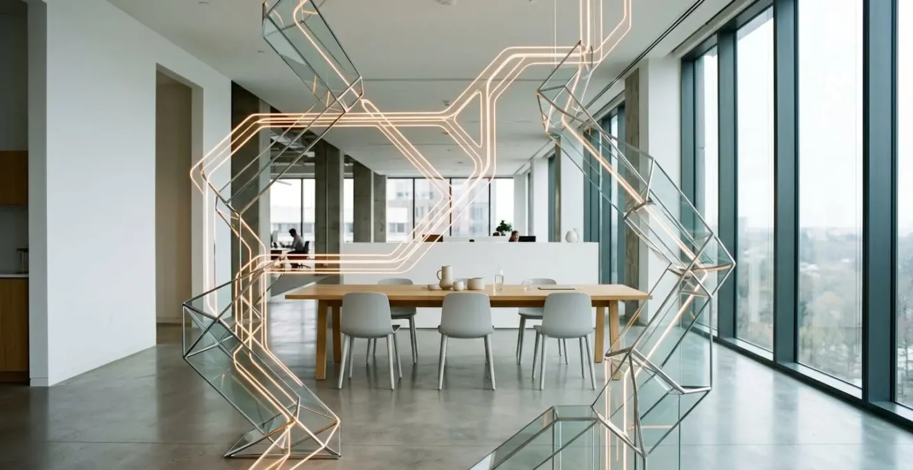 Wide environmental view of a modern workspace with natural lighting and data visualization context