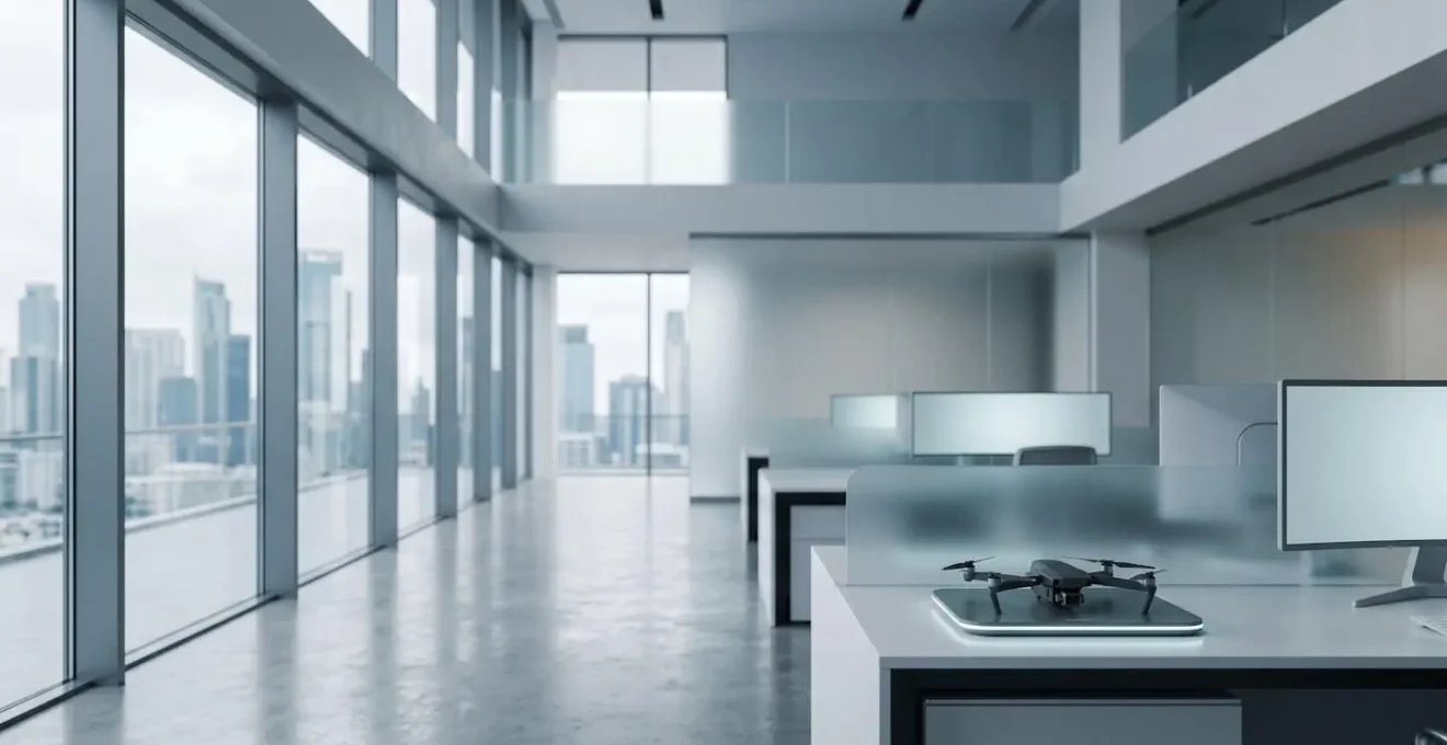 Wide environmental photograph of a modern drone operations center with clean minimalist design