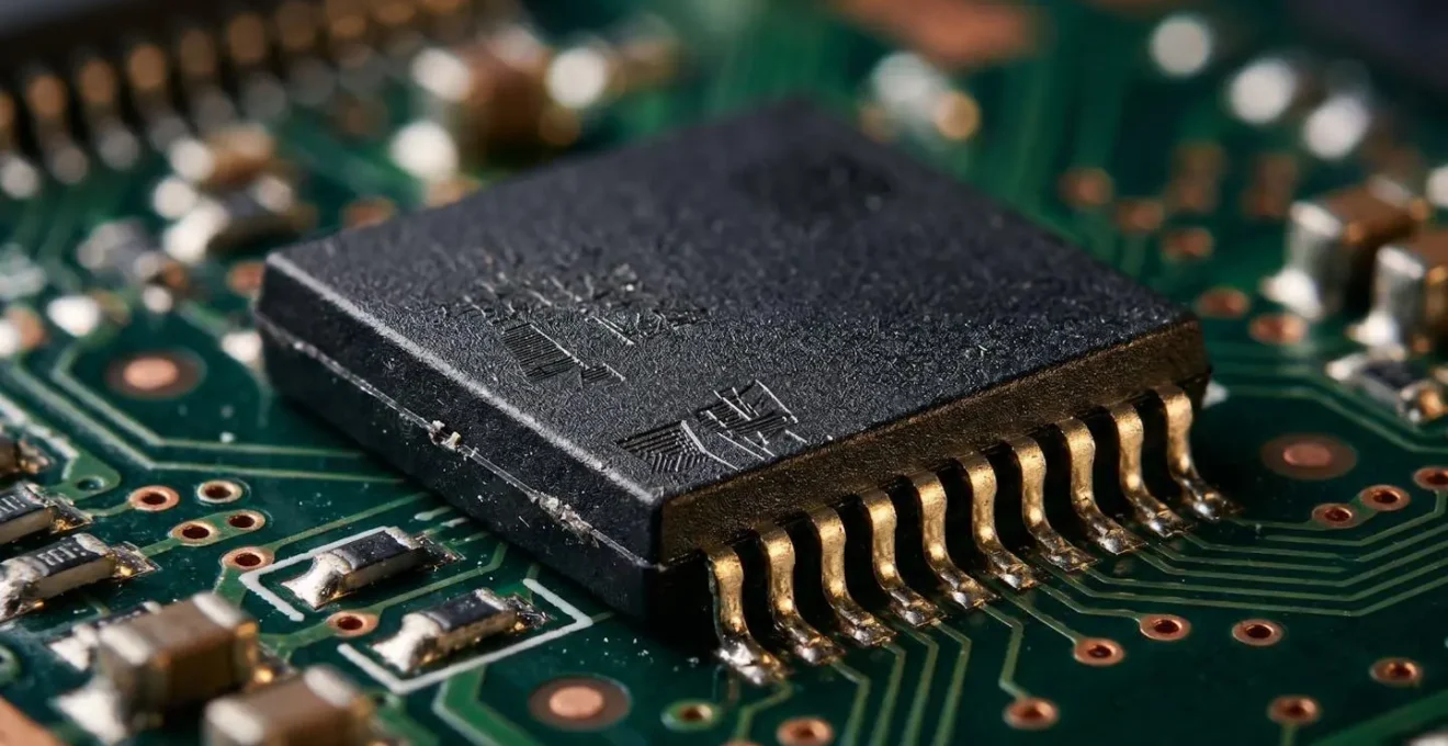 Extreme close-up of automotive electronic control unit circuit board with microcontroller chips