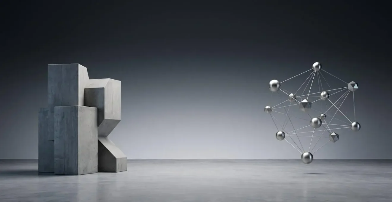 Abstract representation of blockchain consensus mechanisms showing contrasting architectural structures symbolizing Proof of Work and Proof of Stake