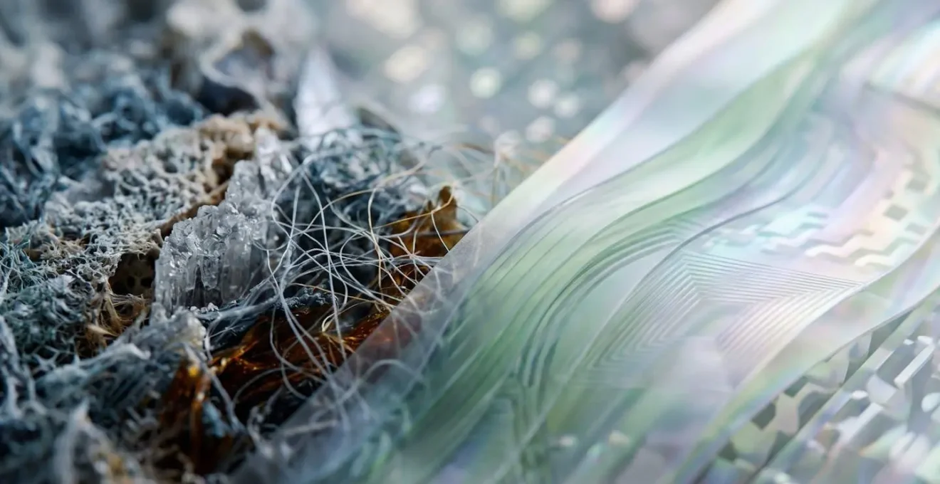 Macro close-up showing layered data streams being filtered and anonymized through privacy-preserving transformation
