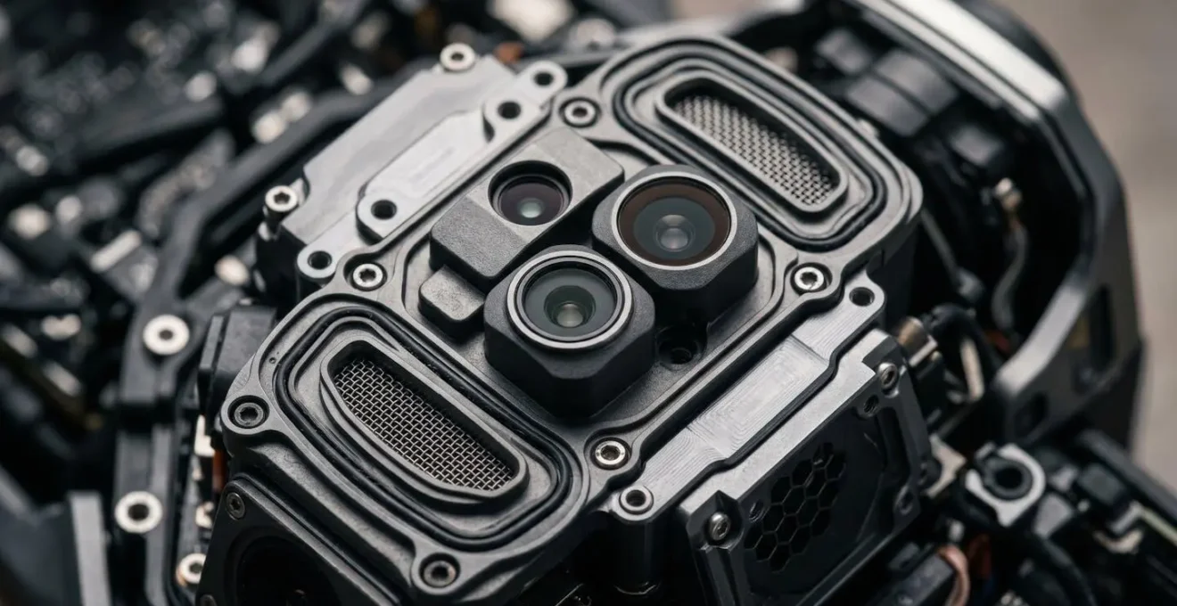 Macro close-up photograph of advanced drone sensor technology components showcasing textural details