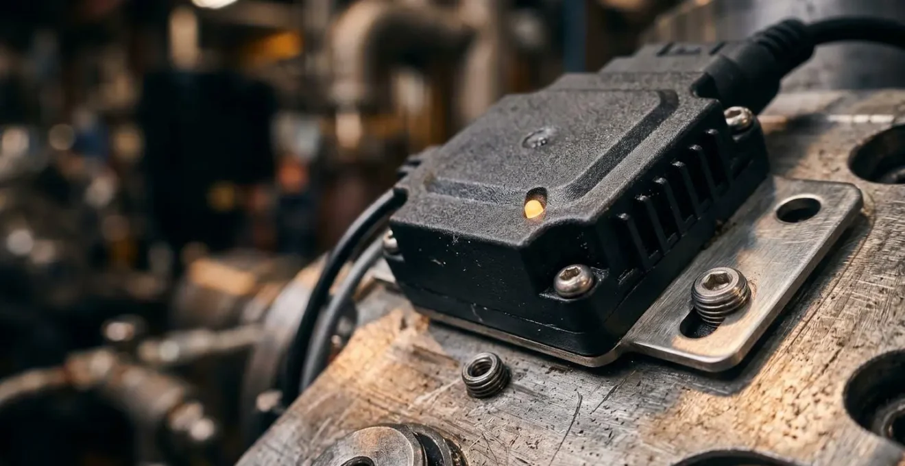Macro view of industrial IoT sensor module mounted on factory equipment showing detailed circuit components