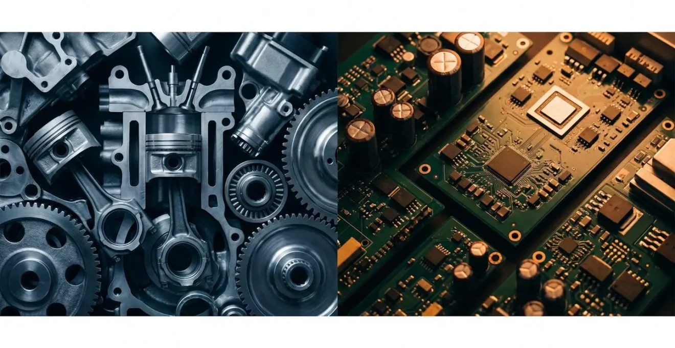 Conceptual split composition contrasting traditional engine components with electric vehicle power electronics