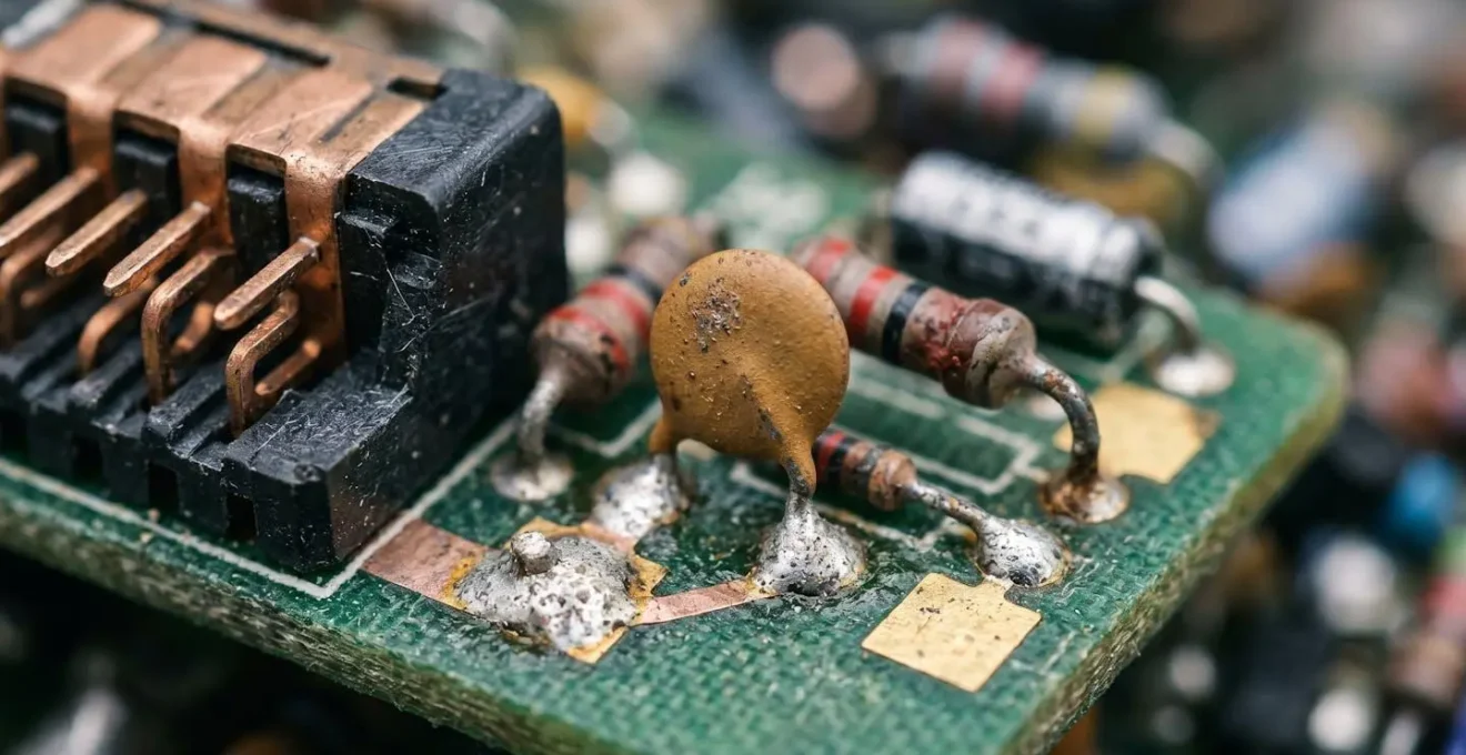 Macro detail of disassembled electronic components showing material complexity and recycling challenges