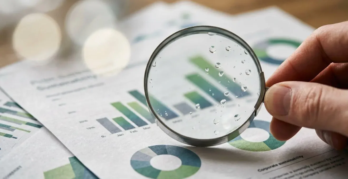 Close examination of corporate environmental reporting documents revealing transparency versus greenwashing