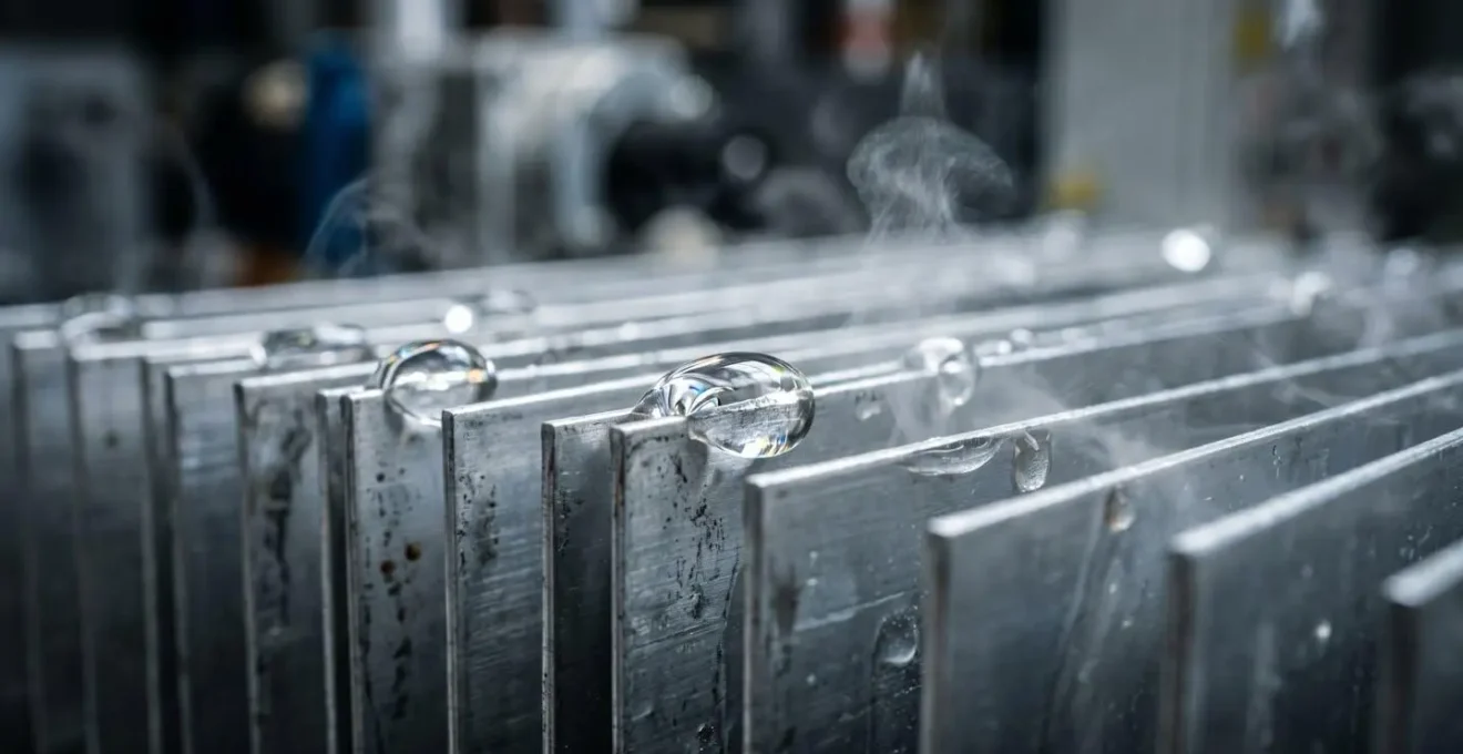 Extreme close-up of water droplets evaporating from industrial cooling system showing textural detail