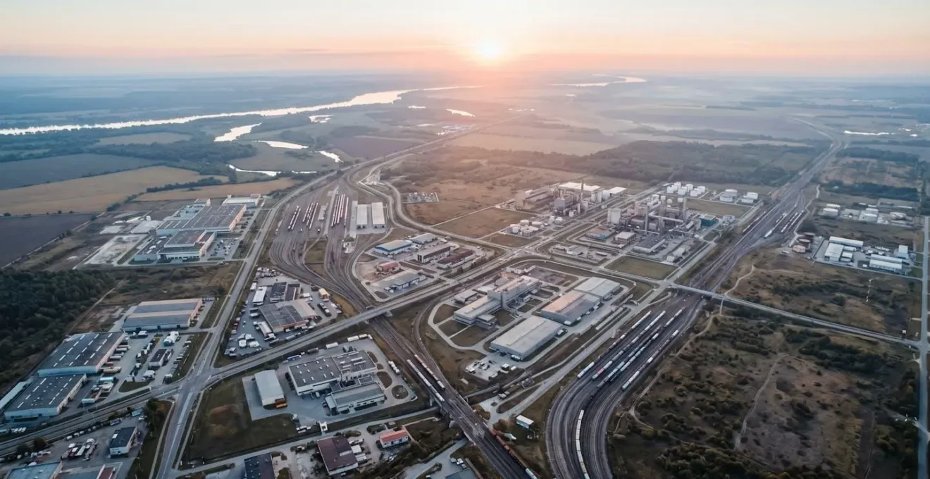 Minimalist aerial view of interconnected manufacturing facilities and logistics networks across landscape