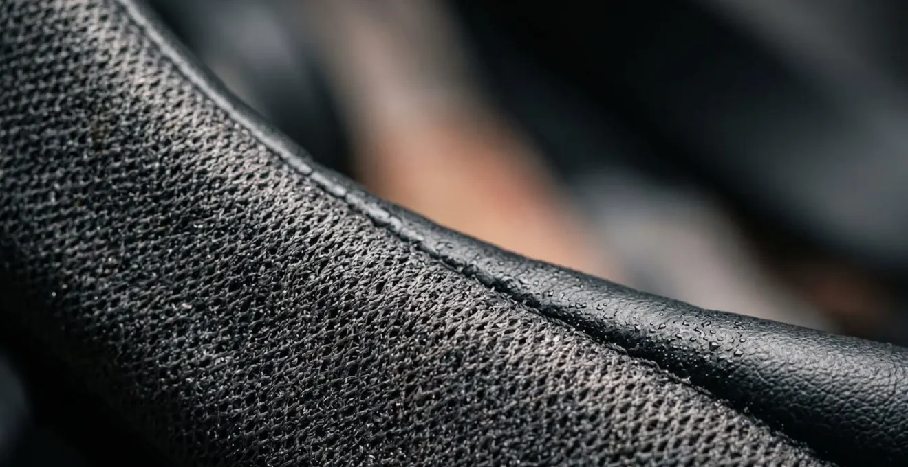 Extreme close-up detail of VR headset protective accessories and moisture-wicking materials