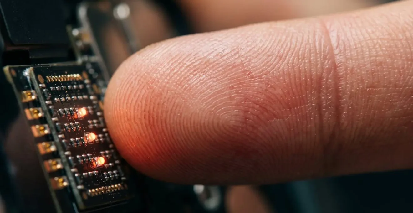 Macro close-up of photoplethysmography sensor technology showing light refraction patterns on skin