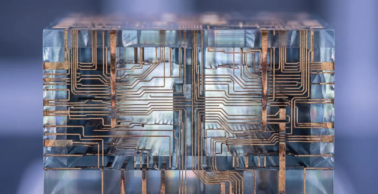 Extreme macro view of silicon chip layer revealing nanoscale circuit pathways through advanced imaging