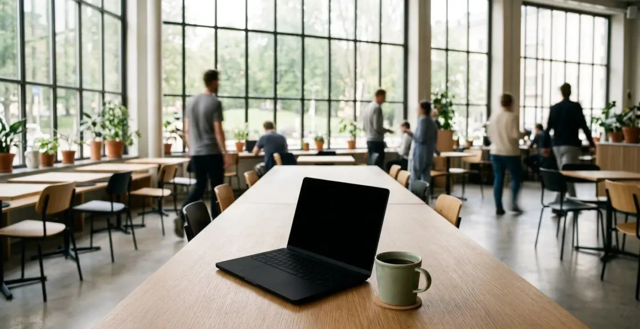 Wide environmental shot of public workspace with abstract network vulnerability visualization