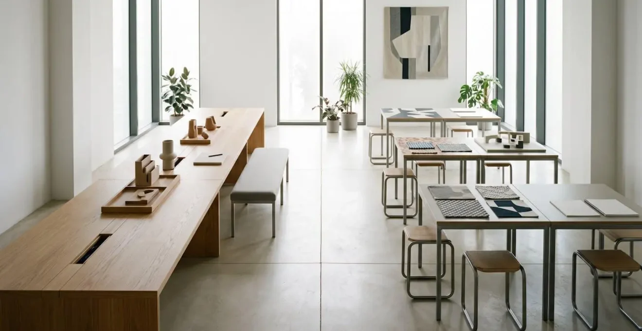 Wide environmental shot showing a minimalist workspace with two distinct pathways suggesting strategic technology choices