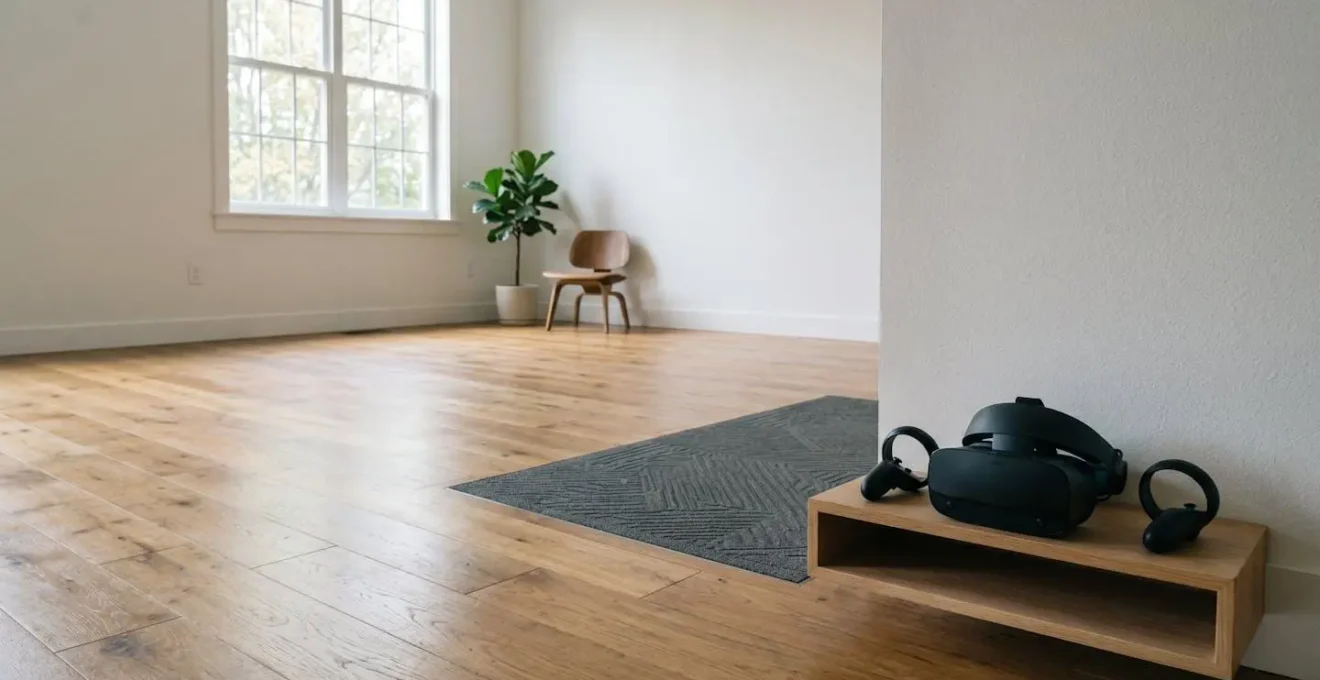 Minimalist home VR fitness setup showing dedicated workout space with clean environment