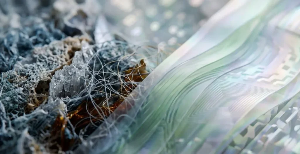 Macro close-up showing layered data streams being filtered and anonymized through privacy-preserving transformation
